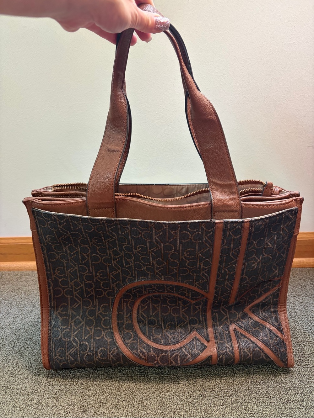 Calvin Klein Brown Monogram Tote with Leather Trim